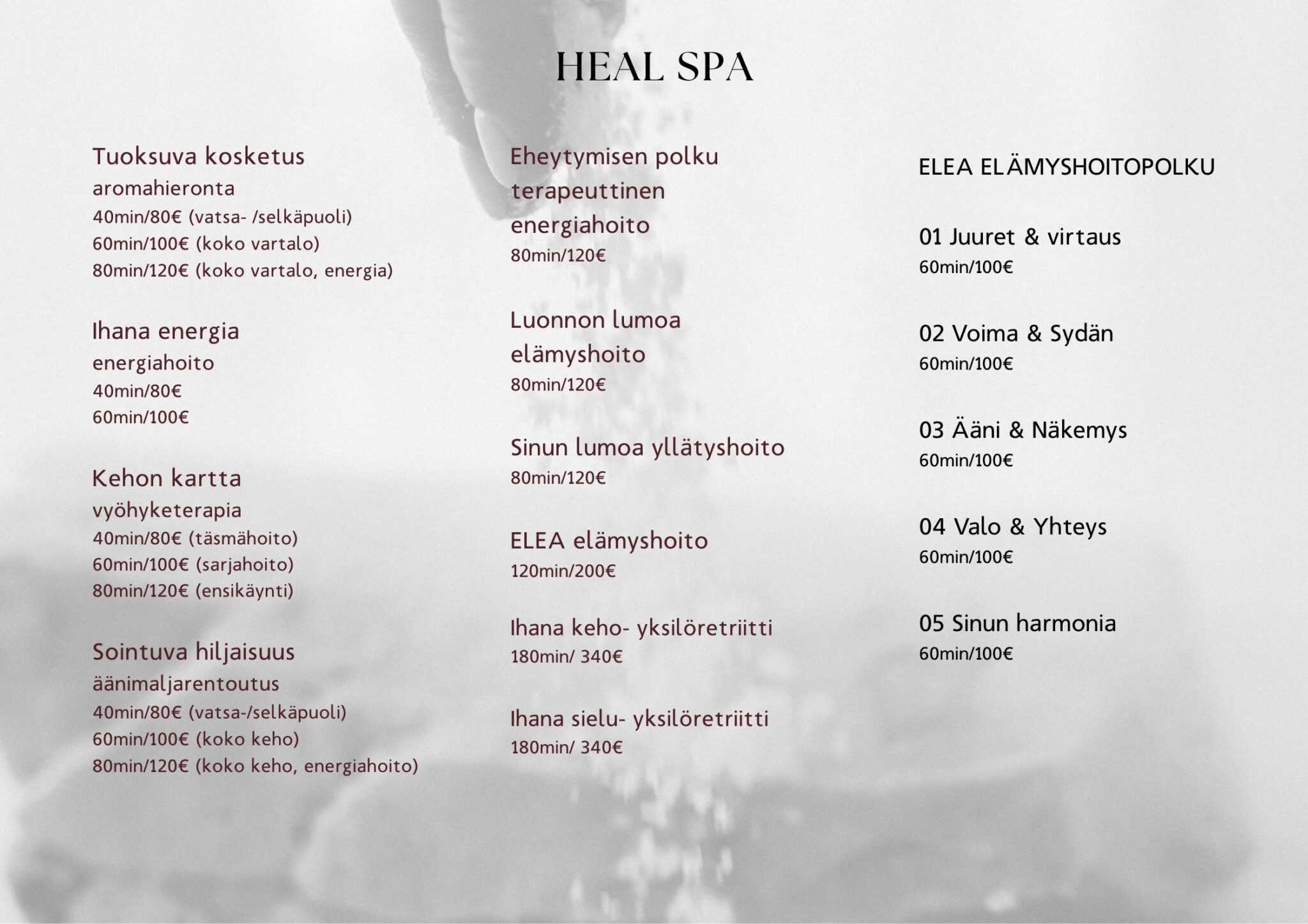 Lumoa heal spa hinnasto 2